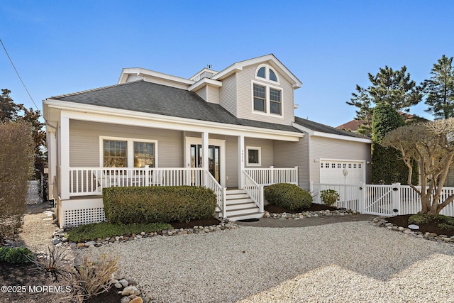 view of front of property featuring a porch, driveway, a gate, a garage, and fence