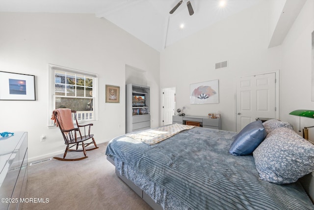 carpeted bedroom featuring high vaulted ceiling, baseboards, beam ceiling, and visible vents