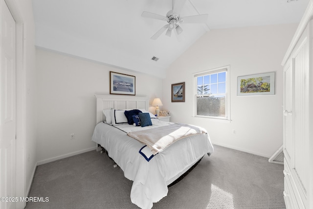 bedroom with baseboards, carpet, and lofted ceiling