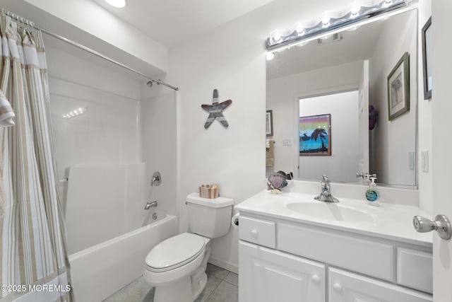 bathroom with vanity, tile patterned flooring, visible vents, toilet, and shower / bath combo