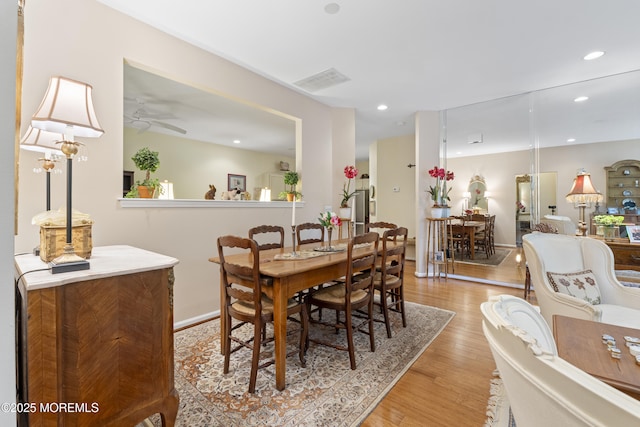 dining area with ceiling fan, light wood-type flooring, visible vents, and recessed lighting