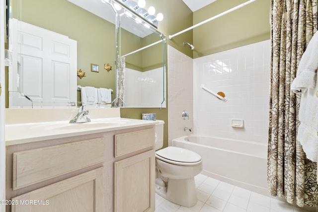 full bathroom featuring toilet, shower / tub combo, tile patterned flooring, and vanity