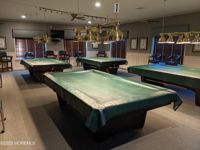 playroom with carpet, billiards, and wainscoting