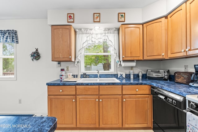 kitchen with black dishwasher, dark countertops, a wealth of natural light, and a sink