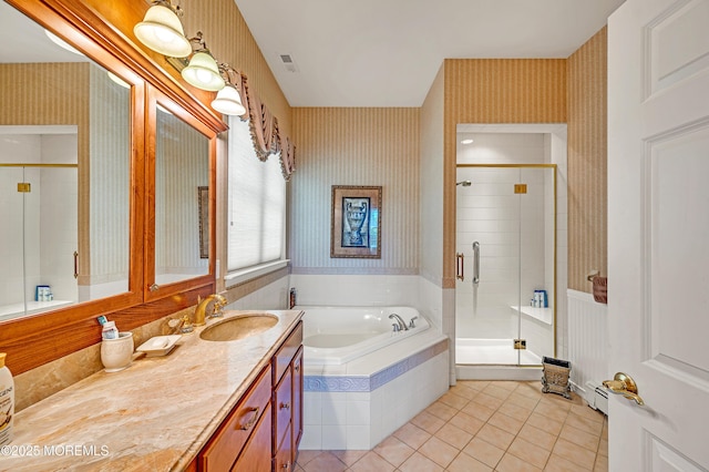 bathroom featuring wallpapered walls, tile patterned floors, a bath, and a stall shower