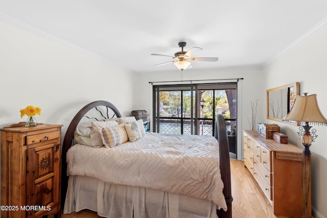 bedroom with crown molding, ceiling fan, access to outside, and light wood-style flooring