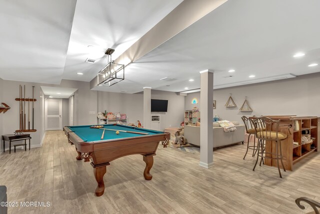 game room featuring recessed lighting, pool table, baseboards, light wood-type flooring, and visible vents