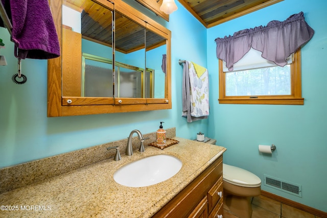 full bath featuring wood ceiling, visible vents, a stall shower, tile patterned floors, and toilet