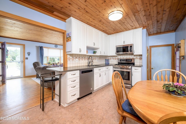 kitchen with dark countertops, a sink, stainless steel appliances, white cabinetry, and wooden ceiling