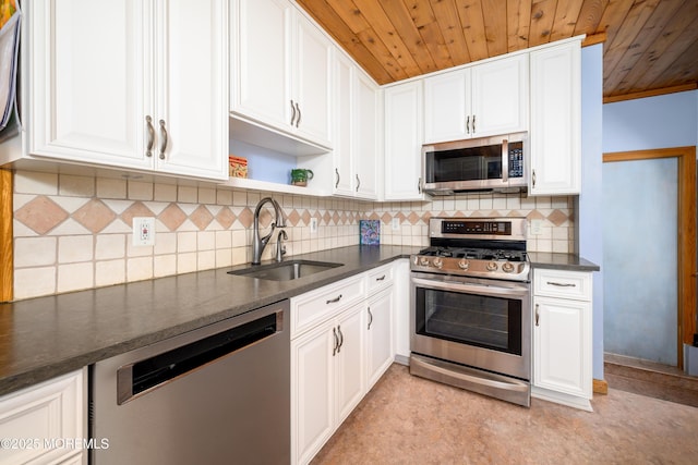 kitchen featuring a sink, appliances with stainless steel finishes, white cabinets, and wooden ceiling