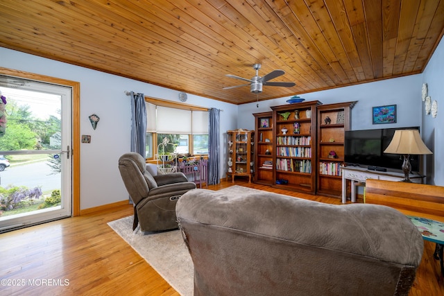 living area featuring plenty of natural light, a ceiling fan, wood ceiling, and light wood-type flooring
