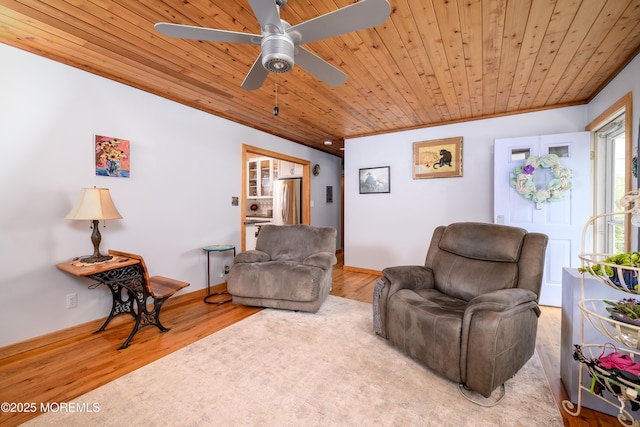 living room featuring wooden ceiling, ceiling fan, and wood finished floors