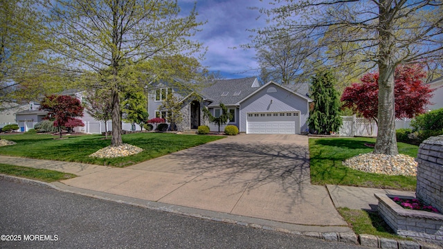 view of front facade featuring fence, an attached garage, concrete driveway, and a front yard
