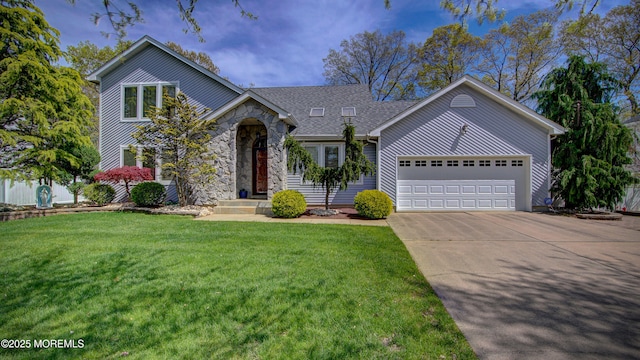 traditional-style home with roof with shingles, an attached garage, a front lawn, stone siding, and concrete driveway