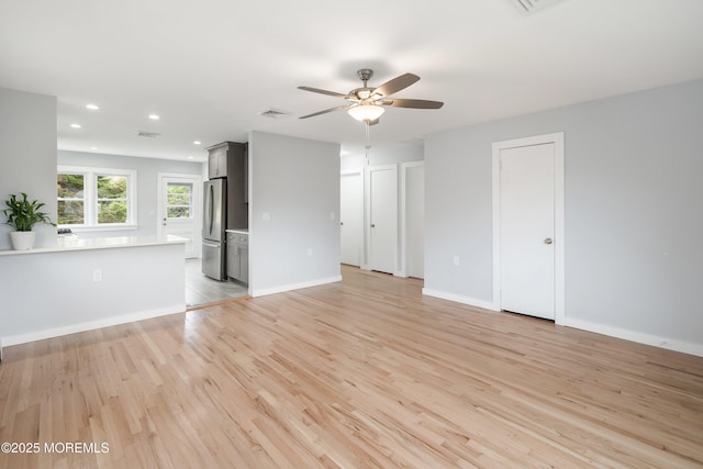 82 Fox Glove, Toms River, NJ 08755 - unfurnished living room with visible vents, recessed lighting, ceiling fan, baseboards, and light wood-style floors