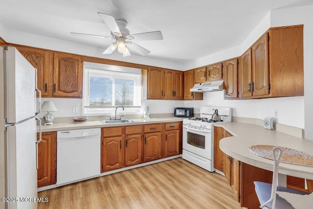 kitchen with a sink, under cabinet range hood, brown cabinets, and white appliances