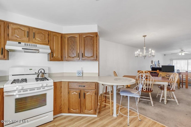 kitchen featuring white gas range, a peninsula, under cabinet range hood, and light wood finished floors