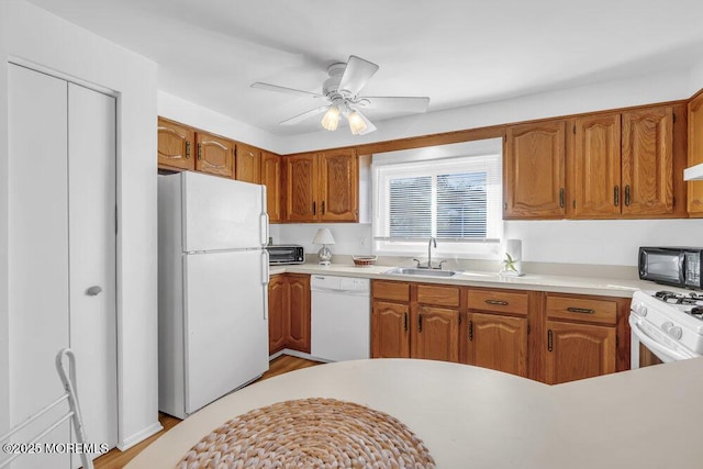 kitchen with a sink, white appliances, light countertops, a ceiling fan, and a toaster