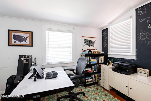 office space with ornamental molding, wood finished floors, and lofted ceiling
