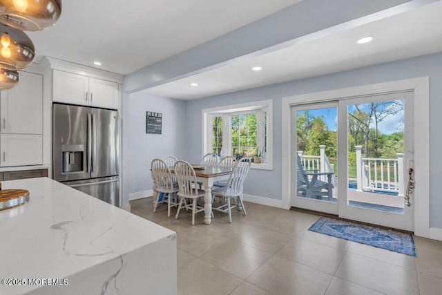115 Phalanx Rd, Colts Neck, NJ 07722 - kitchen featuring white cabinets, light stone countertops, recessed lighting, baseboards, and stainless steel refrigerator with ice dispenser