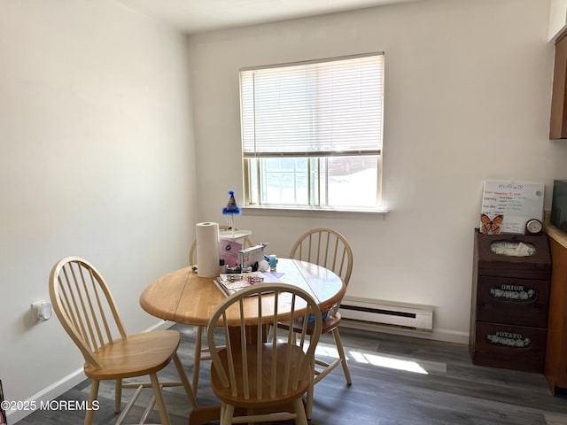 dining room with baseboards, a baseboard heating unit, a wealth of natural light, and wood finished floors