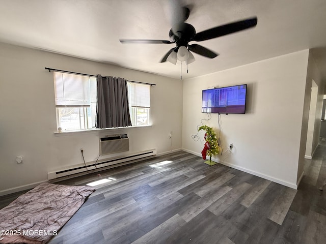 interior space with ceiling fan, baseboards, a baseboard radiator, a wall mounted AC, and dark wood-style floors