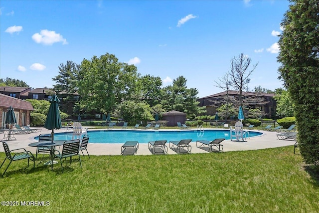 pool featuring a yard and a patio area