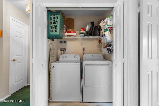 laundry room with laundry area, carpet, and washing machine and clothes dryer