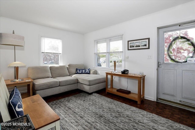 living area featuring ornamental molding