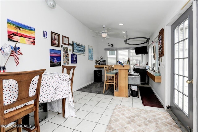 home office with ceiling fan, tile patterned flooring, carpet floors, baseboards, and recessed lighting