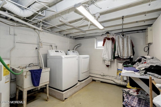 laundry room with laundry area, a sink, independent washer and dryer, and gas water heater