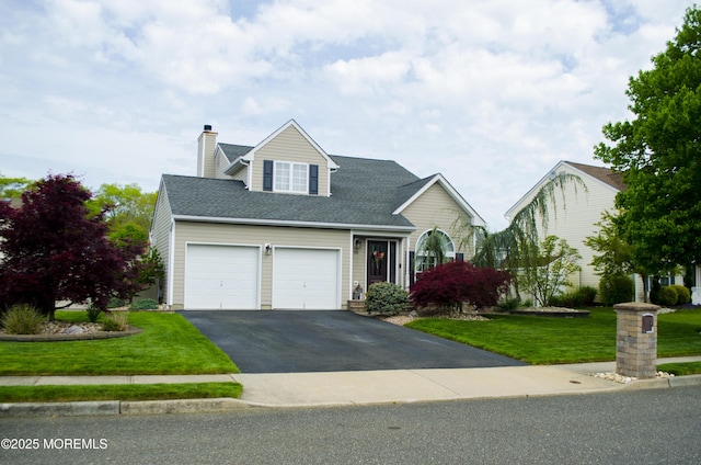 18 Gettysburg Dr, Howell, NJ 07731 - view of front of property with a garage, driveway, a front lawn, a chimney, and roof with shingles