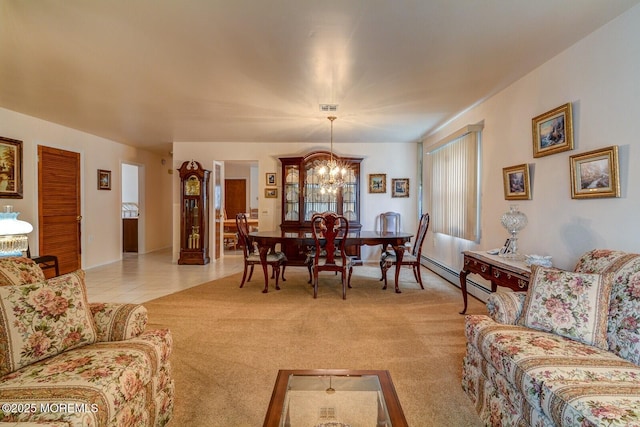 8 Stockport Dr, Toms River, NJ 08757 - living room with a baseboard heating unit, a chandelier, light colored carpet, and light tile patterned flooring