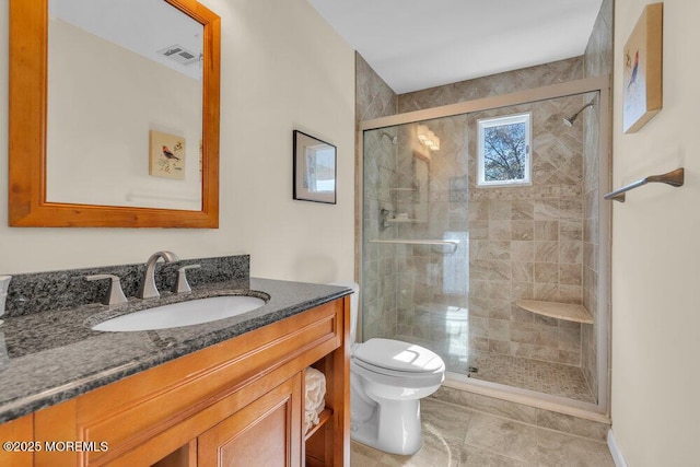 full bath with visible vents, tile patterned flooring, a shower stall, vanity, and toilet
