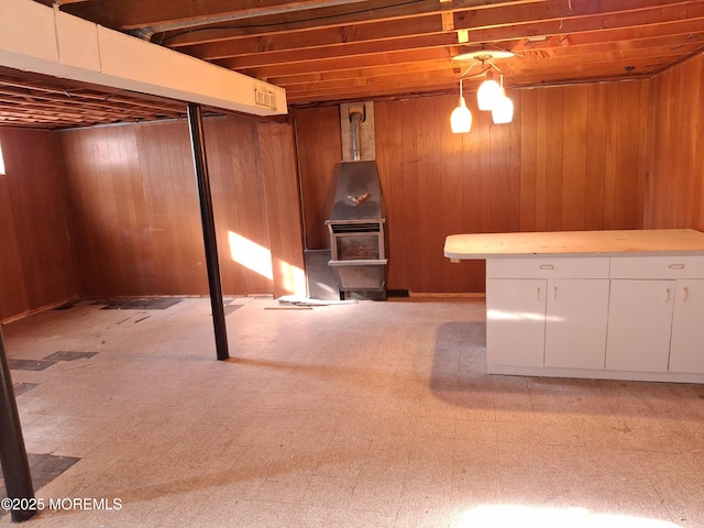 finished below grade area with a wood stove and wood walls