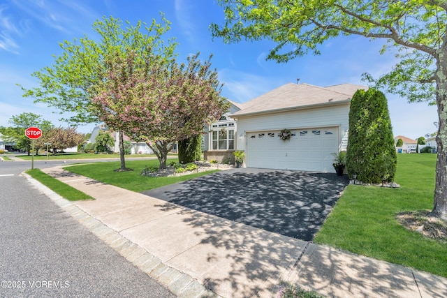 view of front of home featuring driveway, a front lawn, and a garage