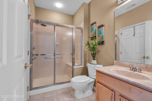 bathroom with a shower stall, tile patterned flooring, vanity, and toilet