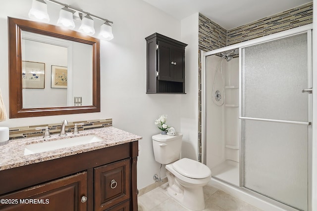 90 Oak Ln, Eatontown, NJ 07724 - full bathroom with a stall shower, vanity, toilet, tile patterned flooring, and baseboards