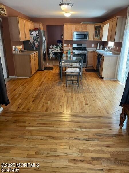 kitchen with light wood finished floors, stainless steel appliances, a sink, and glass insert cabinets