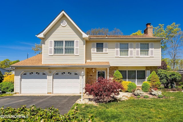 view of front of property featuring an attached garage, a shingled roof, aphalt driveway, and a chimney