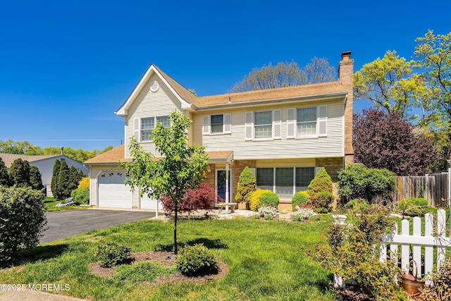 traditional-style house featuring fence, a front yard, a chimney, an attached garage, and driveway