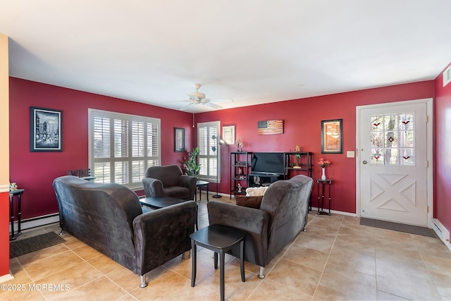 436A New Castle Ct, Manchester, NJ 08759 - living room with a ceiling fan, light tile patterned floors, and baseboard heating