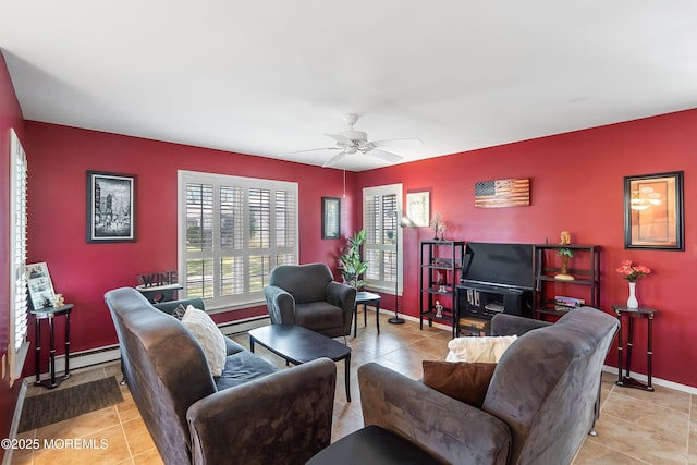 436A New Castle Ct, Manchester, NJ 08759 - tiled living area with baseboards, a baseboard radiator, ceiling fan, and an accent wall