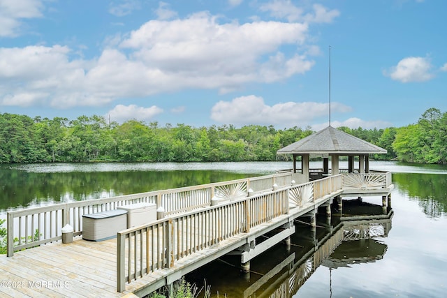 436A New Castle Ct, Manchester, NJ 08759 - view of dock featuring a deck with water view, a gazebo, and a wooded view