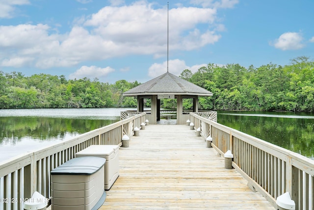 436A New Castle Ct, Manchester, NJ 08759 - view of dock featuring a gazebo, a water view, and a wooded view