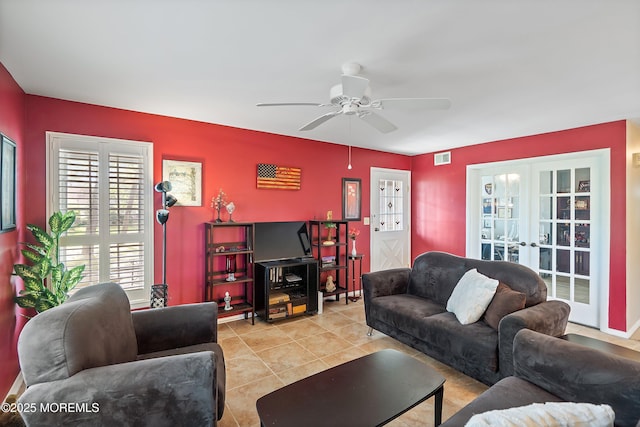 436A New Castle Ct, Manchester, NJ 08759 - tiled living area featuring ceiling fan, visible vents, and french doors