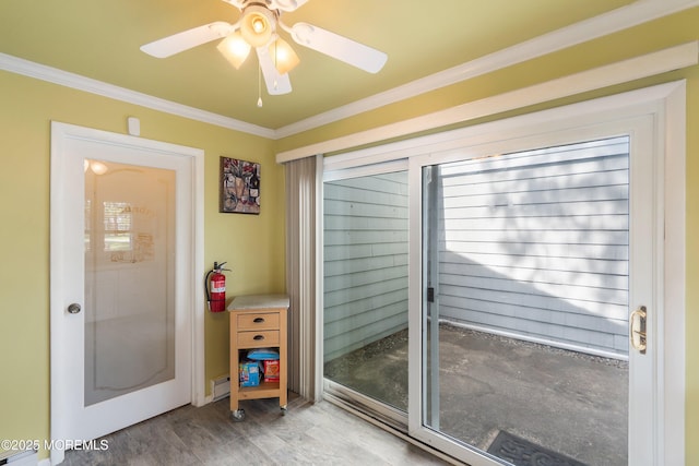 436A New Castle Ct, Manchester, NJ 08759 - doorway to outside featuring crown molding, a ceiling fan, and light wood-style flooring