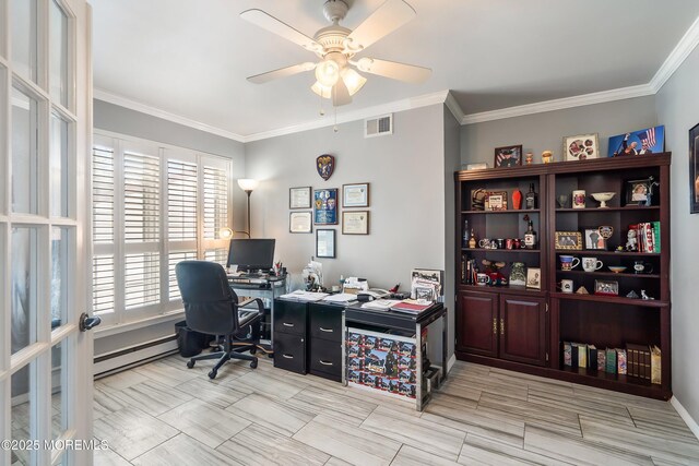 436A New Castle Ct, Manchester, NJ 08759 - office with crown molding, a ceiling fan, visible vents, and a baseboard radiator