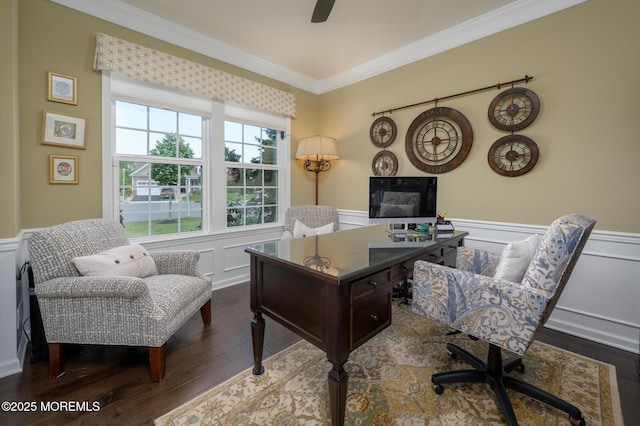 office area featuring ornamental molding, wainscoting, dark wood-style flooring, and a decorative wall