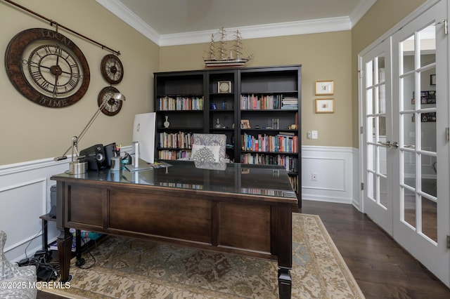 office with french doors, dark wood-style flooring, crown molding, a wainscoted wall, and a decorative wall